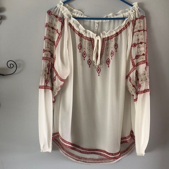 Anthropologie’s Willow & Clay Long Sleeve Blouse Embroidery Size M Bow Tie Top - Picture 2 of 11